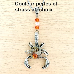 Collier steampunk Le Scorpion, collier zodiaque,  avec mécanisme de montre, rouages, cristal Swarovski,
