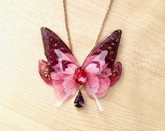 Fairy wings necklace, Pink and gold butterfly, pink and purple crystal fairy necklace