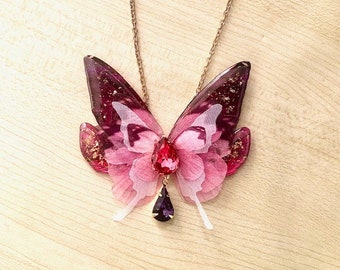 Collier ailes de fées, Papillon rose et or, collier féerique cristal rose et violet