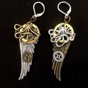 Asymmetrical steampunk octopus earrings, wings and cogs