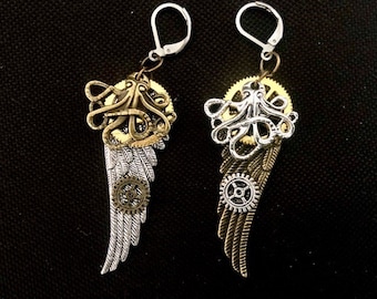 Asymmetrical steampunk octopus earrings, wings and cogs