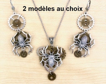 Ensemble de bijoux steampunk araignée, collier de rouages 2 modèles, bijoux insectes