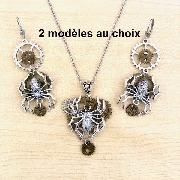 Ensemble de bijoux steampunk araignée, collier de rouages 2 modèles, bijoux insectes