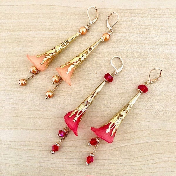 Boucles d'oreilles clochettes en lucite, perles de verre, rouge ou saumon, dormeuses acier inoxydable