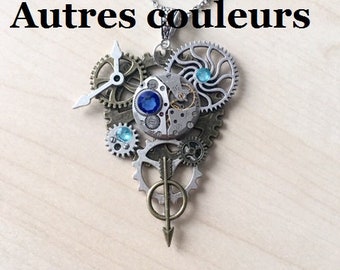 Sautoir steampunk avec rouages, engrenages, mécanisme de montre et strass de cristal Swarovski bleus