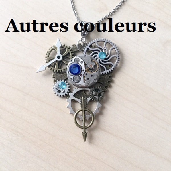 Sautoir steampunk avec rouages, engrenages, mécanisme de montre et strass de cristal Swarovski bleus