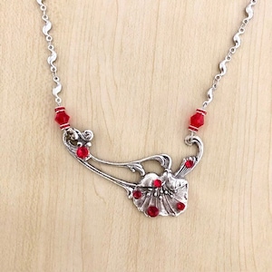 Red Poppy Art Nouveau Necklace, Art Nouveau Poppy Necklace