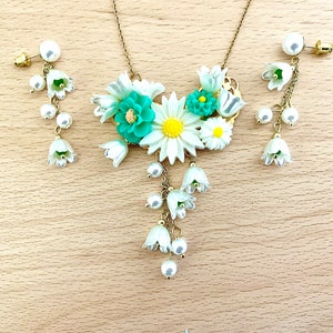 Lily of the valley bouquet set, floral necklace, spring jewelry, floral necklace
