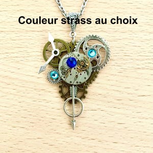 Long steampunk necklace with gears, watch mouvement, cogs, and purple Swarovski crystal