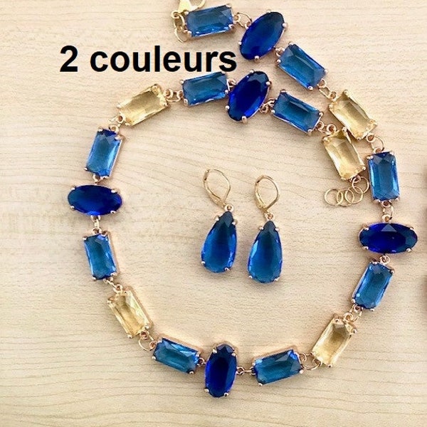 Parure en cristal collier ras du cou et boucles gouttes, grenat ou bleu et jaune