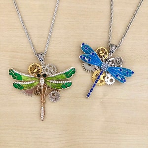 Steampunk dragonfly necklace with cogs, stainless steel chain