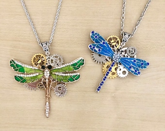 Steampunk dragonfly necklace with cogs, stainless steel chain