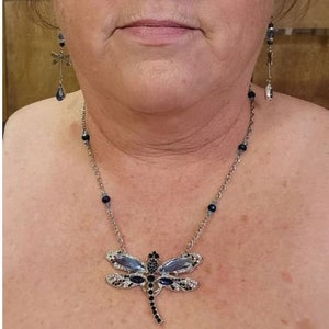 Op de afbeelding: Een zilveren ketting met een libel-hanger. De libel is gemaakt van heldere en zwarte kristallen. De ketting wordt door een persoon gedragen.