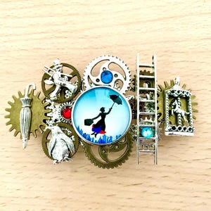 Steampunk &quot;Mary Poppins&quot; barrette with metal cogs, charms and Swarovski rhinestones