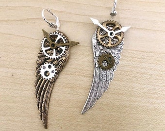 Asymmetrical steampunk silver and bronze earrings