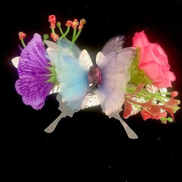 Barrette à cheveux fleurs et papillon, cristal violet, fleurs en soie