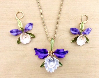 Parure Orchidée, fleurs en émail violet et blanc, bijoux fleuris