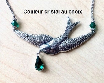 Collier Oiseau, Hirondelle argent et cristal Swarovski vert