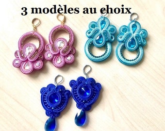 Boucles d'oreilles en soutache et cristal, 3 couleurs au choix, dormeuses acier inoxydable