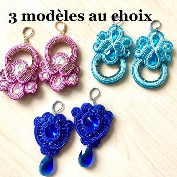 Boucles d'oreilles en soutache et cristal, 3 couleurs au choix, dormeuses acier inoxydable