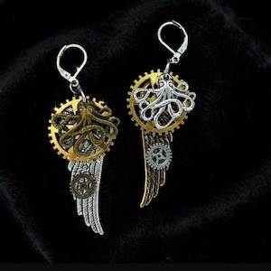 Asymmetrical steampunk octopus, wings and cogs earrings