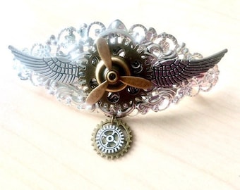 Barrette steampunk Aviation avec ailes et hélice