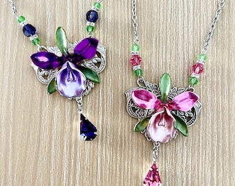 Orchidee (Phalaopsis) hanger van emaille, bloemenketting, bloemensieraden