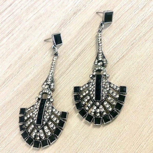 Art deco earrings, 1920s, “The Great Gatsby” jewelry, black fan earrings
