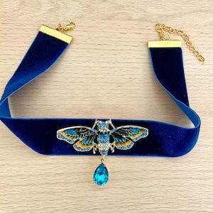 Art Deco Blue and Gold Cicada Necklace with Crystal Drop on Blue Velvet Ribbon