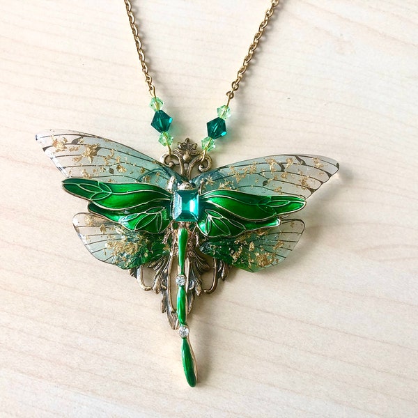 Art Nouveau dragonfly necklace in green and gold enamel, transparent wings