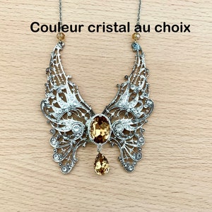Silver and champagne bib necklace, with magnificent silver wings and champagne Swarovski crystal