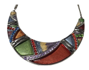 Bib Necklace Womens OS Multicolor Excellent Enamel Rhinestone Mosaic