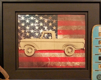 F-100 Pickup, Unibody, Gen 3, Classic Car, Vintage Truck, US Flag, Garage Art, Man Cave, Office Decor, Christmas gift