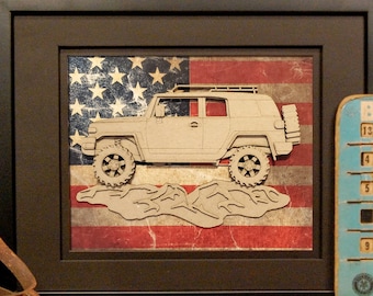 Toyota FJ Cruiser, 4x4, Offroad, Vintage Truck, Garage Art, Man Cave, Office Decor, US flag, Laser Cut