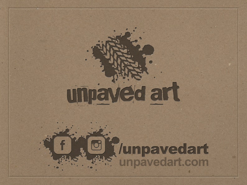 May include: A brown and black logo with the text "unpaved art" and a tire track design. Social media icons for Facebook and Instagram are below the logo with the text "/unpavedart unpavedart.com".