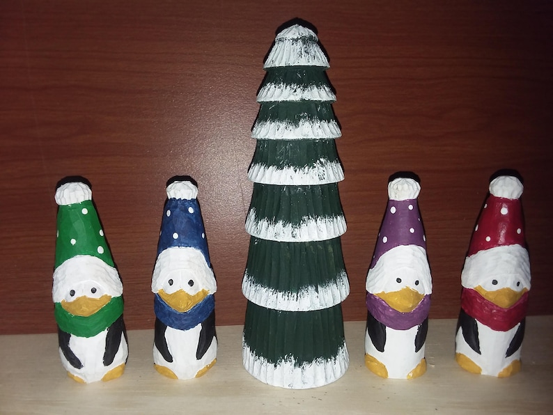 Hand Caved Christmas Penguins and Tree for Display