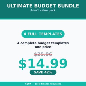 May include: A digital product graphic titled ULTIMATE BUDGET BUNDLE 4-in-1 value pack. It features the text 4 FULL TEMPLATES, 4 complete budget templates one price, a crossed-out $25.96, the price $14.99, SAVE 42%, and AQUA Excel Finance Templates.
