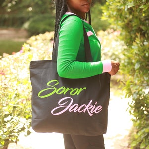 Custom Pink and Green Sorority Bag Soror Tote Black Lrg Zippered