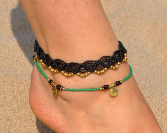 Color Macrame anklet, Black Red Green Blue Brown PurpleTribal gypsy foot ankle , Ankle strap, Handmade waxed anklet, Jungle beach bracelet
