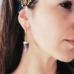 Amethyst ear weights - Ear pendulums with purple stone - Gemstone point pendant gauges