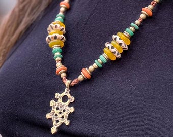 African bead necklace - Desert cross pendant in bronze - Earthy style with glass, brass, and wood beads