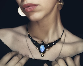 MOONSTONE gemstone MACRAME necklace, Shamanic, Handmade knot choker, Black macrame jewelry, Dainty cute, Crystal healing, Tribal chic