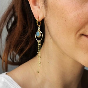 Fringe hoop earrings with pearls Gemstone earrings with gold cascade chain Long tassel chain earrings image 1