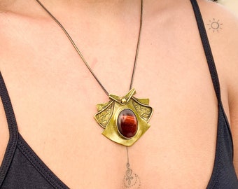 Tiger Eye Pendant Necklace - Red fire stone set in gold brass - Handmade Gemstone Jewelry