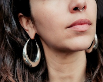 Thick huge silver hoops - Wide hoop earrings large size - Bali style silver plated earrings