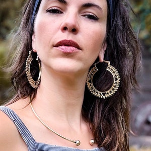 Tribal-Inspired Gold hoop earrings - Large earrings with carved triangles - Ear weights for gauged tunnels