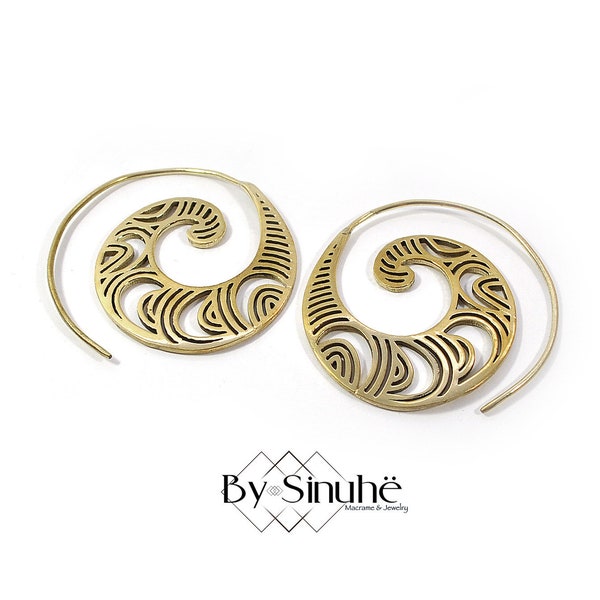 HIPPIE GOLD Spiral Earrings, Tribal Hoop spiral earring, Ethnic Earrings, Big summer hoops, Victorian Rococo earrings, Spirals for the ears