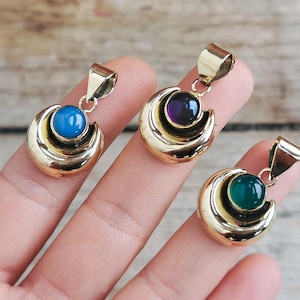 Crescent MOON gemstone pendant - Gold brass pendant with round stone - Bohemian stackable necklace