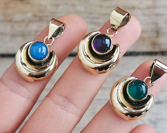 Crescent MOON gemstone pendant - Gold brass pendant with round stone - Bohemian stackable necklace