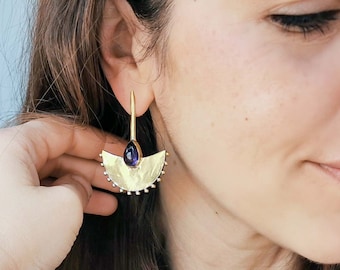 Chandelier earrings gold brass - African earrings with drop teardrop gem - Large Fan nut earrings